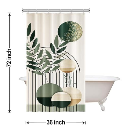 Mid Century Sage Green Stall Shower Curtain with Hooks 36x72 Inch | Waterproof Small Abstract Green and Beige Bathroom Curtain for Shower Stall, Machine Washable - color: Abstract 041, size: 36"W x 72"L (Pack of 1)