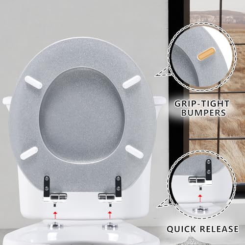 Angol Shiold Glitter Toilet Seat Molded Wood Round Toilet Seat with Quietly Close and Quick Release Hinges, Easy to Clean also Easy to Install (Round 16.5'', Silver) - color: Silver, size: Round 16.5‘’