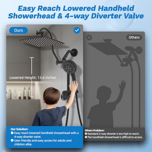 Hibbent High Pressue All Metal 10" Rainfall Shower Head, Handheld 10-Spray | cUPC Certified Oil-Rubbed Bronze Dual Showerhead Combo, 4-way Diverter with Pause Mode, Extension Arm, 71'' Hose & Holder - color: Oil Rubbed Bronze, style: Square 10"