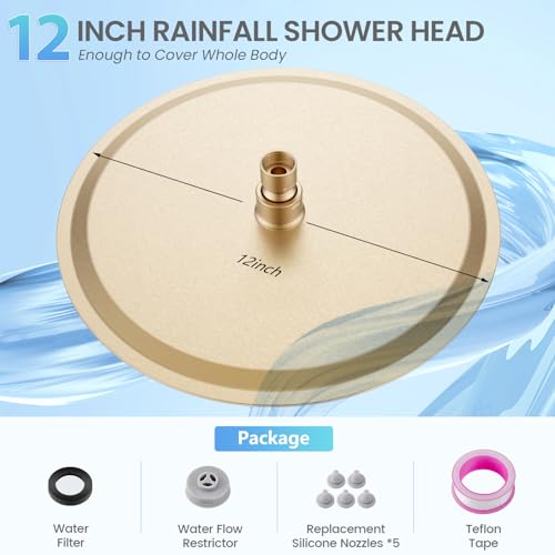 12 inch Brushed Gold Rainfall Shower Head - All Metal Stainless Steel Full Body Round Rain Shower with 120 Silicone Nozzles Modern Bathroom - color: Brushed Gold, size: 12 Inch