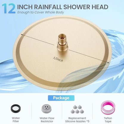 12 inch Brushed Gold Rainfall Shower Head - All Metal Stainless Steel Full Body Round Rain Shower with 120 Silicone Nozzles Modern Bathroom - color: Brushed Gold, size: 12 Inch