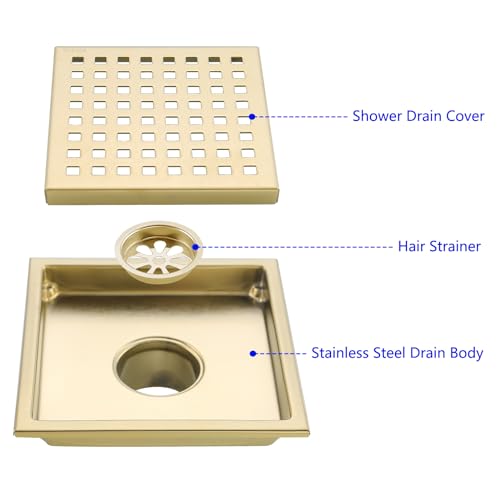 6 Inch Square Shower Floor Drain with Removable Cover Grid Grate,SUS304 Stainless Steel Brushed Gold Brass Finished,98738BG6. - color: Brushed Gold