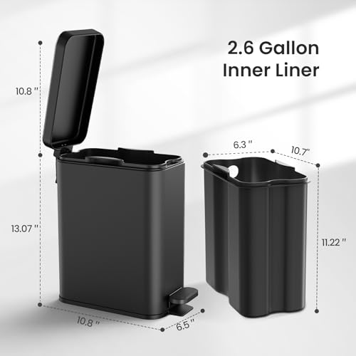 Cesun 2.6 Gallons Small Bathroom Trash Can with Lid Soft Close, Black | Removable Inner Bucket, Small Stainless Steel Garbage Can for Bedroom/Office, Hands-Free Step Pedal, Fingerprint-Resistant - color: Black