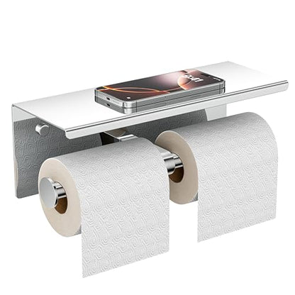 FORIOUS Toilet Paper Holder with Shelf, Commercial Toilet Paper Dispensers | Chrome | Wall Mount Bathroom Tissue Holder | SUS304 Stainless Steel Rustproof | Double Tissue Roll Holder - color: Chrome