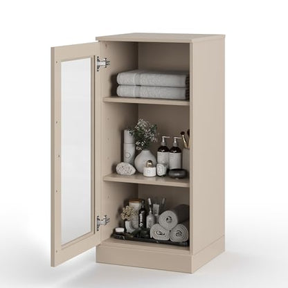 100% Solid Wood 16.5"" Bathroom Storage Cabinet with Clear Glass Door & Adjustable Shelves - color: Beige, style: Clear Glass Door