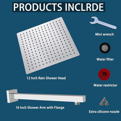 12" High Flow Rainfall Shower Head with 16" Shower Arm, Stainless Steel Square Showerhead Self-Cleaning Silicone Nozzles, Ultra-Thin Design, Universal Wall and Ceiling Mount (Chrome) - size: 12 Inch Square
