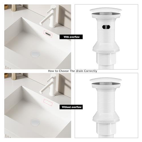 Bathroom Sink Drain,Drain Stopper Bathroom Sink Without Overflow,Pop Up Drain Assembly with Detachable Strainer Basket,Built-in Anti-Clogging, Stainless Steel Nut White - color: White-big Cap, style: Without Overflow