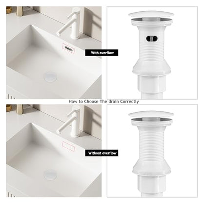 Bathroom Sink Drain,Drain Stopper Bathroom Sink Without Overflow,Pop Up Drain Assembly with Detachable Strainer Basket,Built-in Anti-Clogging, Stainless Steel Nut White - color: White-big Cap, style: Without Overflow