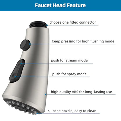 Curve Kitchen Faucet Sprayer Head Compatible with Kohler, Brushed Nickel | NSF/ANSI/CAN 372 Certified, 14 Adapter Kit for Universal Fit Use, 3 Function Pull Down Sink Faucet Spray Head Replacement - color: Brushed Nickel, style: Curve Design