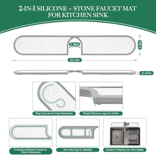 Faucet Mat for Kitchen Sink with Airflow Silicone Sleeve, Instant-Dry Diatomaceous Stone Sink Protector Tray Around Faucet for Kitchen, Bathroom, RV (White Wave, 23.2" x 3.9" x 0.47") - color: White Wave - Grey Silicone Edge
