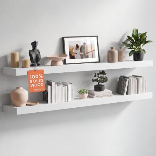 White Floating Shelf 48 inches, High End Solid Real Wood 48inch Long Floating Shelves for Wall Mounted, White Wooden 48in Floating Shelves, Heavy Duty Bracket, 48 X 6.5 X 1.75 inch, Set of 2 - color: Classic White - Soft Neutral Satin, size: 48 inch