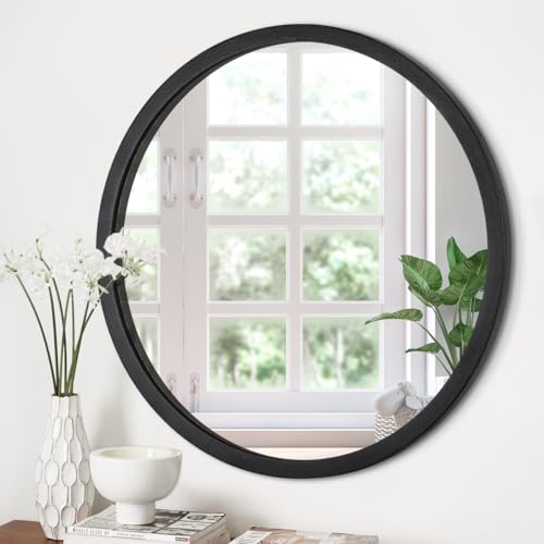JJUUYOU Round Mirrors for Wall 20 Inch Hanging Circle Mirror for Bathroom, Black Wall Mounted Wood Frame Mirror for Living Room, Bedroom, Washroom, Dorm - color: Black, size: 20"L x 20"W