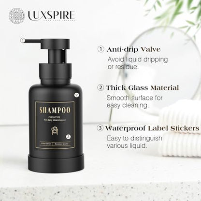 Luxspire Glass Foaming Soap Dispenser 15oz Hand Soap Bottle, Black, 2 Pack | Anti-drip pump, wide mouth easy refill, non-slip silicone base, 7 waterproof labels, bathroom and kitchen sink use - color: Black