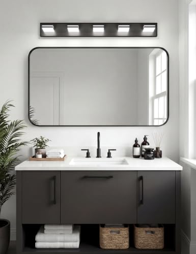 VOLISUN Modern 5-Light, 40-Inch Black Bathroom Vanity Light Fixtures, 360 Rotatable Head, LED Vanity Lights for Bathroom - color: Matte Black-6000K, size: 40-Inch