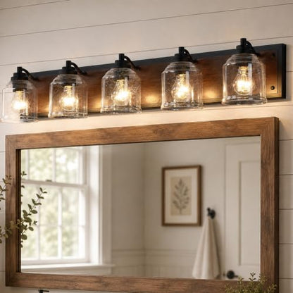5-Light Bathroom Vanity Lights Large 40" with Bubble Glass Shades | Farmhouse Rustic style, Hand-Painted Brown Wood-Grain Metal Backplate, E26 Ceramic Socket, UL&ETL, mount up/down, over mirror - color: Brown, size: 5-Light