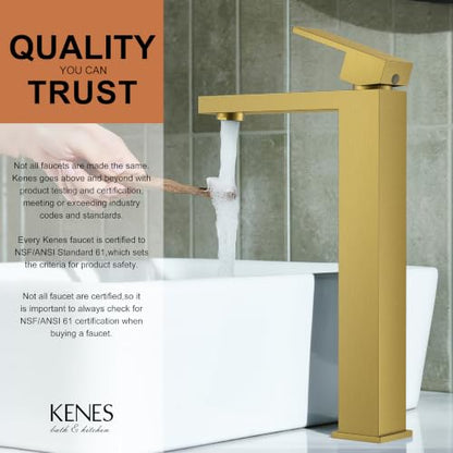 Brushed Gold Vessel Sink Faucet Single Hole Tall Bathroom Sink Faucet | Vessel Bowl Faucet with Pop Up Drain & Supply Lines, Lead-Free cUPC & NSF Certified, 1 Hole Faucet for Vanity RV Restroom - color: Gold, size: Tall