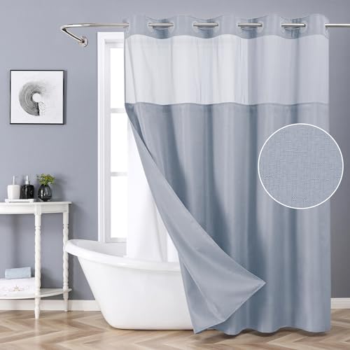 eachope Blue No Hook Shower Curtain with Snap-in Fabric Liner Set,Slub Textured Fabric Shower Curtains for Bathroom,Hotel Style Modern Shower Curtain,Water Repellent & Washable,71x74(72) | Hotel Style Fabric with See-Through Top Window, Water Repellent &