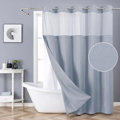 eachope No Hook Slub Textured Shower Curtain with Snap in Liner,Blue,71x80 | Extra Long Hotel Style Fabric with See-Through Top Window, Water Repellent & Washable,for Home, Apt, RV - color: Blue, size: 71"W x 80"L (Pack of 1)