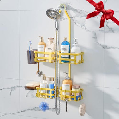 Aluminum Shower Caddy Hanging, Never Rust Shower Organizer | 4 Levels with adjustable Height 10 Hooks for Razor/Sponge - Rack with Soap Basket (Gold) - color: Gold