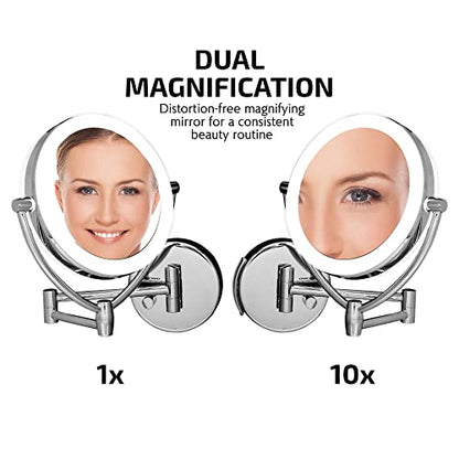 Ovente 7.5" Lighted Wall Mount Makeup Mirror, 1X & 10X Magnifier, Spinning Double Sided Round LED w/ Dimmer Switch, Extend, Retractable & Folding Arm, Battery USB Powered Polished Chrome MLW75CH1X10X - color: Polished Chrome, size: 10.3"L x 12.4"W, style: