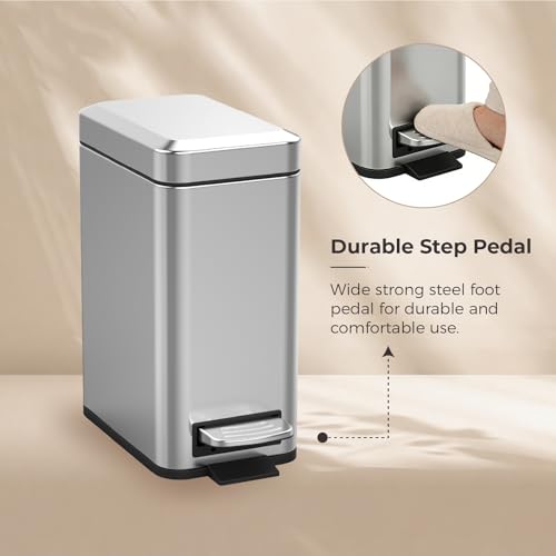 Sineng Bathroom Trash Can with Lid Soft Close, 1.6 Gallon Stainless Steel Small Pedal Garbage Can with Removable Inner Bucket, Waste Bin for Kitchen Bedroom, Compact Toilet Trash bin - color: stainless steel