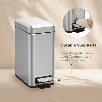 Sineng Bathroom Trash Can with Lid Soft Close, 1.6 Gallon Stainless Steel Small Pedal Garbage Can with Removable Inner Bucket, Waste Bin for Kitchen Bedroom, Compact Toilet Trash bin - color: stainless steel