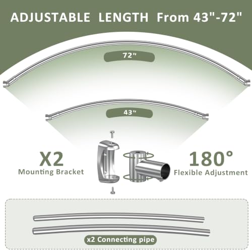 Curved Shower Curtain Rod for Bathroom, Curved Shower Rod Round, Stainless Steel Rust Proof, 43-72 Inches Adjustable,Silver