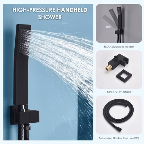 Dual Rainfall Shower Head System, Push Button Shower Faucet Set with 12" Ceiling Mount Rain shower head and 6" Wall Mount Shower Head, Pressure Balance Rough-in Valve (Matte Black) - color: Matte Black, style: Ceiling Mount