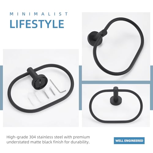 Angle Simple Bathroom Hand Towel Holder, Swivel Towel Ring, Matte Black | Rustproof SUS304 Stainless Steel, Smooth Rotation, Modern Oval Washcloth Hanger for Kitchen Vanity Sink, Screw Wall Mount - color: Oval - Matte Black