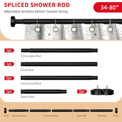 Black Shower Curtain Rod 34-80 Inches Never Rust Stainless Steel Tension Curtain Rod Adjustable Shower Rod Spring Tension Non-Slip No Drilling Shower Rods for Bathroom Window - color: Matte Black, size: 34”-80“