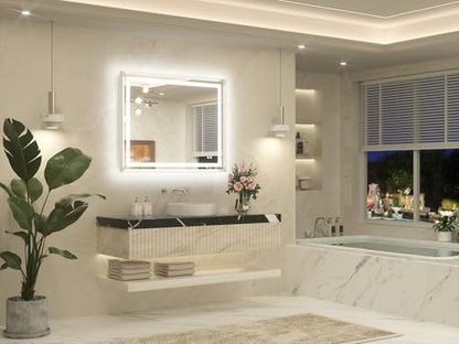 TETOTE 40 x 32 Led Mirror Silver Metal Frame Frontlit & Backlit Vanity Mirror Anti-Fog Stepless Dimmable 3 Colors White/Warm/Natural Wall Mirror with Lights