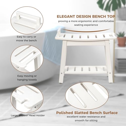 FLyjoe 24 INCH Extra Large Shower Bench for Inside Shower Shaving Legs, Waterproof HDPE Shower Chair Seat with Storage Shelf and Handles Spa Shower Stool for Bath Tub Bathroom Use, White - color: Large-white