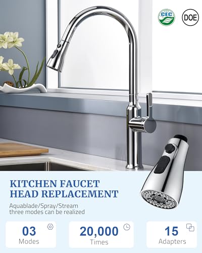 Kitchen Faucet Spray Head Replacement, Pull Down Sprayer with 15 Adapters | Pull Out Faucet Spray Nozzle, 3 Modes Stream/Spray/Strong Spray, DOE CEC Certified, Simple Installation, Chrome - color: Chrome