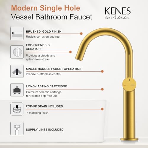 Brushed Gold Tall Bathroom Faucet, Single Handle Vessel Sink Faucet | Vessel Bowl Faucet with Pop Up Drain & Supply Lines, Lead-Free cUPC & NSF Certified, 1 Hole Faucet for Vanity RV Restroom - color: Brushed Gold, size: Tall