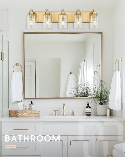 5-Light Brushed Gold Bathroom Vanity Light, Clear Cylinder Glass | 30" modern bathroom light fixtures over mirror, E26 base, bulbs not included, VL143-BG-5 - color: Brushed Gold, Cylinder Glass Shade, size: 5-light