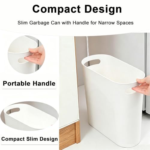 3 Pack Narrow Office Trash Can 3.2 Gallon Slim Waste Basket, Plastic Bathroom Wastebasket Slim Garbage Can Container Bin with Handle for Narrow Spaces Bathroom Bedroom Kitchen Office at Home, White - color: White