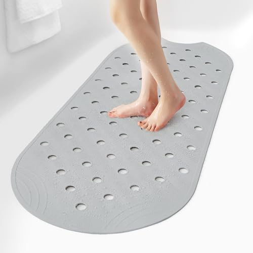 Rubber Bathtub Mat Shower Mat Non-Slip, 39x16 Inch, Bath Tub Floor Mat with Suction Cups and Drainage Holes, Grey - color: Grey, size: 39" x 16" (Oval)