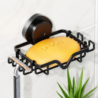 KEGII Soap Holder Dish with Suction Cup and Razor Holder & Hooks, Stainless Steel Rustproof Bar Suction Soap Tray for Shower Wall, Bathroom, Kitchen, Drill-Free, Black | Rustproof Stainless Steel Soap Tray for Shower Walls, Drill-Free Installation with Wa