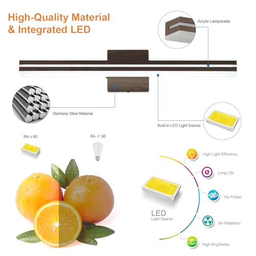SineRise LED Modern Bathroom Vanity Light Fixtures (24-Inch, 3000K/4000K/6000K, Dimmable), Brown Wood Painted Modern Acrylic Bathroom Wall Lighting Fixtures Over Mirror - color: Brown, size: 24-Inch