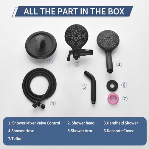 Taplong Dual Shower Head Combo with Valve 7 Mode Handheld Matte Black | Enjoy 7-Setting Rain Showerhead and 7-Setting Hand Held Shower Separately or Together,2 in 1 Showerhead Shower System
