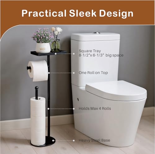 Free Standing Toilet Paper Holder Stand with Phone Shelf, Holds 5 Paper Rolls, Black Tissue Roll Holder for Bathroom, Sturdy Engough for Potted Plants