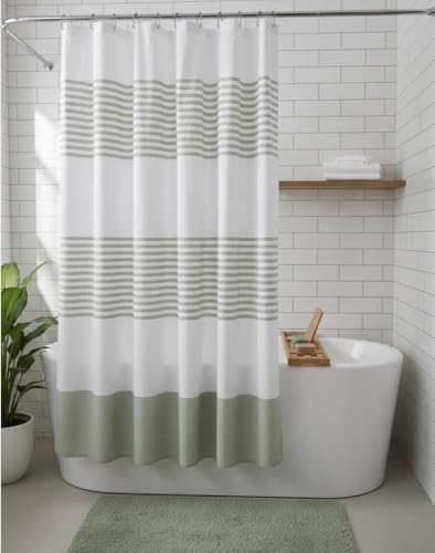 Sage Green Fabric Shower Curtain, Cotton Striped Textured Design, 70 x 72 Shower Curtain, Modern Farmhouse Bathroom Decor, Collin Sage - color: Collin Sage