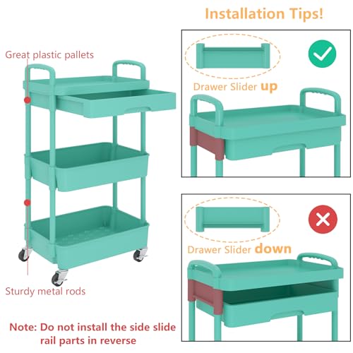 Calmootey 3-Tier Rolling Utility Cart with Drawer,Multifunctional Storage Organizer with Plastic Shelf & Metal Wheel,Storage Cart for Kitchen,Bathroom,Living Room,Office,Green | Space-Saving Organizer, Sturdy Plastic Shelves, Smooth-Rolling Metal Wheels,