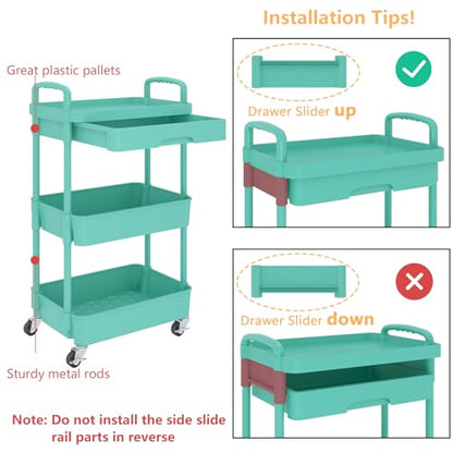 Calmootey 3-Tier Rolling Utility Cart with Drawer,Multifunctional Storage Organizer with Plastic Shelf & Metal Wheel,Storage Cart for Kitchen,Bathroom,Living Room,Office,Green | Space-Saving Organizer, Sturdy Plastic Shelves, Smooth-Rolling Metal Wheels,