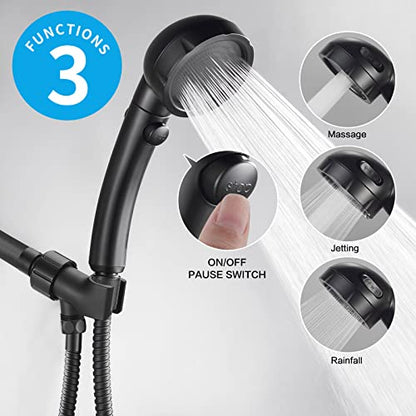 KAIYING High Pressure Handheld Shower Head with ON/OFF Pause Switch, 3 Spray Modes Shower Wand with Shut Off Button, Removable Camper Shower Head with Hose and Adjustable Angle Bracket (Black) | 3 Spray Modes Shower Wand with Shut Off Button, Camper & RV
