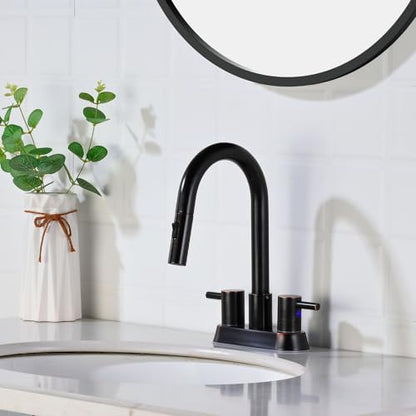Oil Rubbed Bronze Bathroom Faucet with Pull Out Sprayer, Dual-Function Spout Bronze Bathroom Sink Faucets, 4 Inch Two Handle Utility Sink Faucet with Sprayer 3 Hole, Easy Pet Shower, RVs - color: Oil Rubbed Bronze