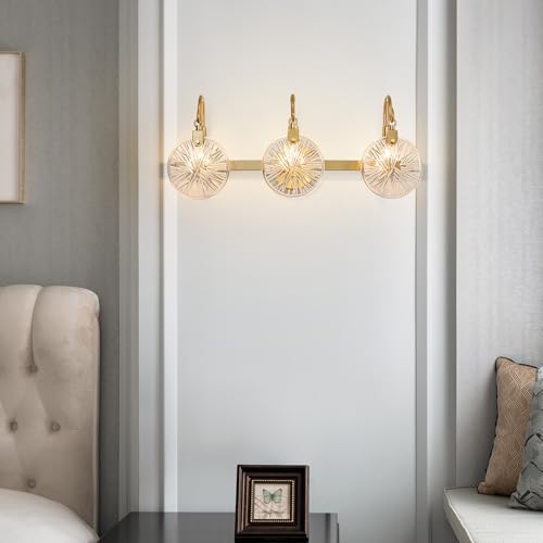 WUZUPS 3-Light Bathroom Light Fixture Over Mirror Morden Vanity Wall Sconces Clear Glass Shade for Bedroom Living Room, E12 Base, Brass Gold - color: Brass Gold, Glass shade