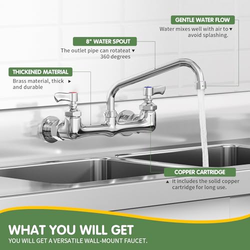 Wall Mount Kitchen Faucet, TOLSUNY Commercial Sink Faucet with 8-inch Swivel Spout, Brass Dual Handle Utility Laundry, Chrome Gooseneck Spout, for Laundry Room Restaurant Compartment Sink