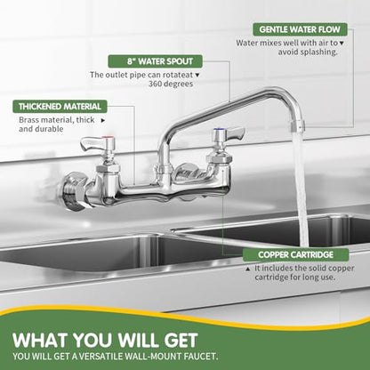 Wall Mount Kitchen Faucet, TOLSUNY Commercial Sink Faucet with 8-inch Swivel Spout, Brass Dual Handle Utility Laundry, Chrome Gooseneck Spout, for Laundry Room Restaurant Compartment Sink