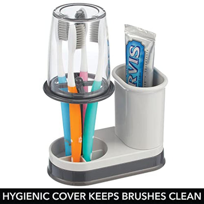 mDesign Plastic Toothpaste and Toothbrush Holder Center with Cup/Cover - Organizer for Bathroom Vanity Countertop - Holds Paste, Floss, Accessories - Hyde Collection - Light Gray/Charcoal - color: Light Gray/Charcoal Gray